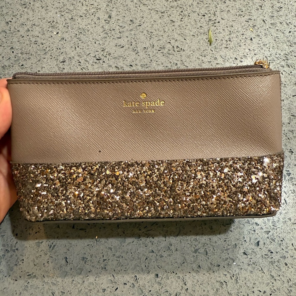 Kate Spade Taupe and Gold Glitter Cosmetic Bag